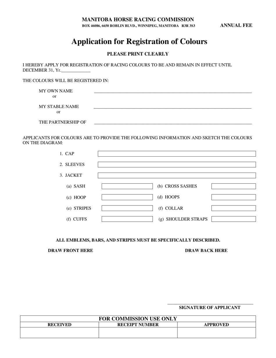 Application for Registration of Colours - Manitoba, Canada, Page 1
