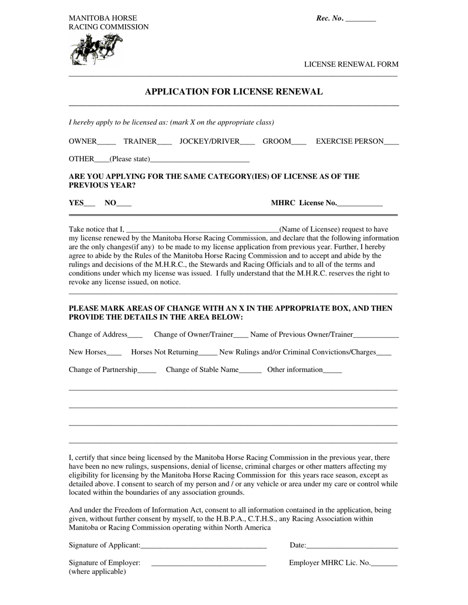 Application for License Renewal - Manitoba, Canada, Page 1