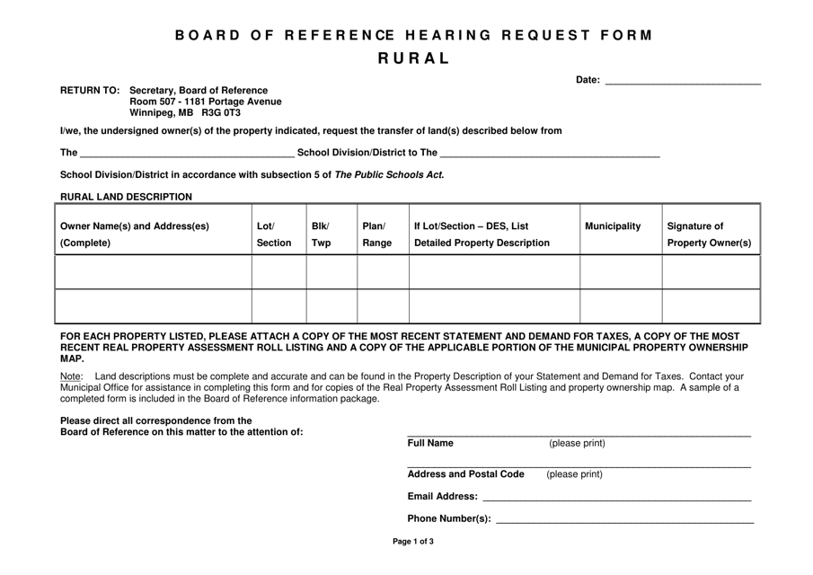 Board of Reference Hearing Request Form - Rural - Manitoba, Canada Download Pdf