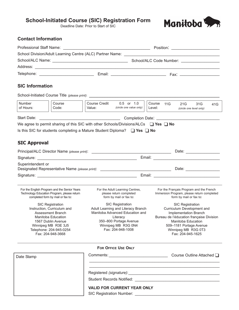 School-Initiated Course (Sic) Registration Form - Manitoba, Canada, Page 1