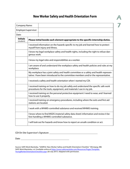 Form A7 New Worker Safety and Health Orientation Form - Manitoba, Canada