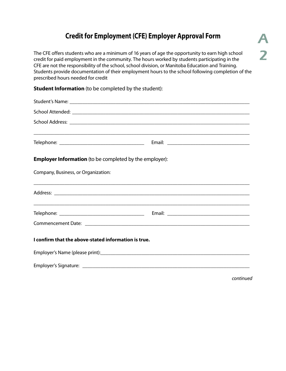 Form A2 Credit for Employment (Cfe) Employer Approval Form - Manitoba, Canada, Page 1