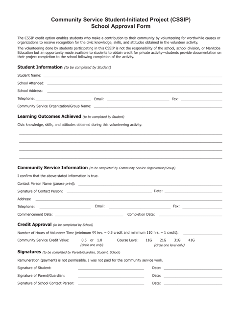 Community Service Student-Initiated Project (Cssip) School Approval Form - Manitoba, Canada