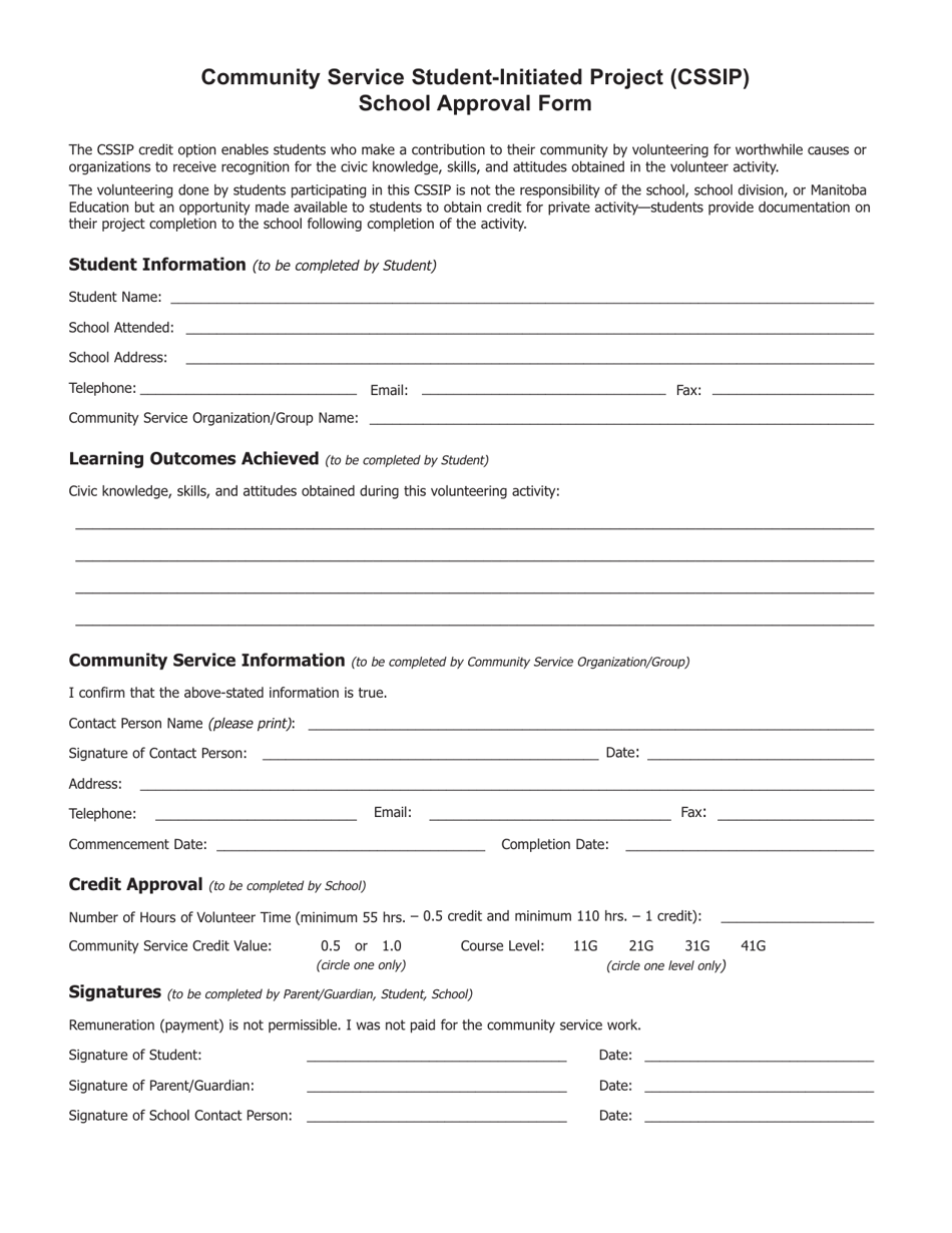 Community Service Student-Initiated Project (Cssip) School Approval Form - Manitoba, Canada, Page 1