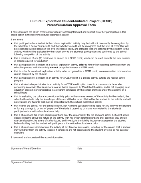Cultural Exploration Student-Initiated Project (Cesip) Parent/Guardian Approval Form - Manitoba, Canada