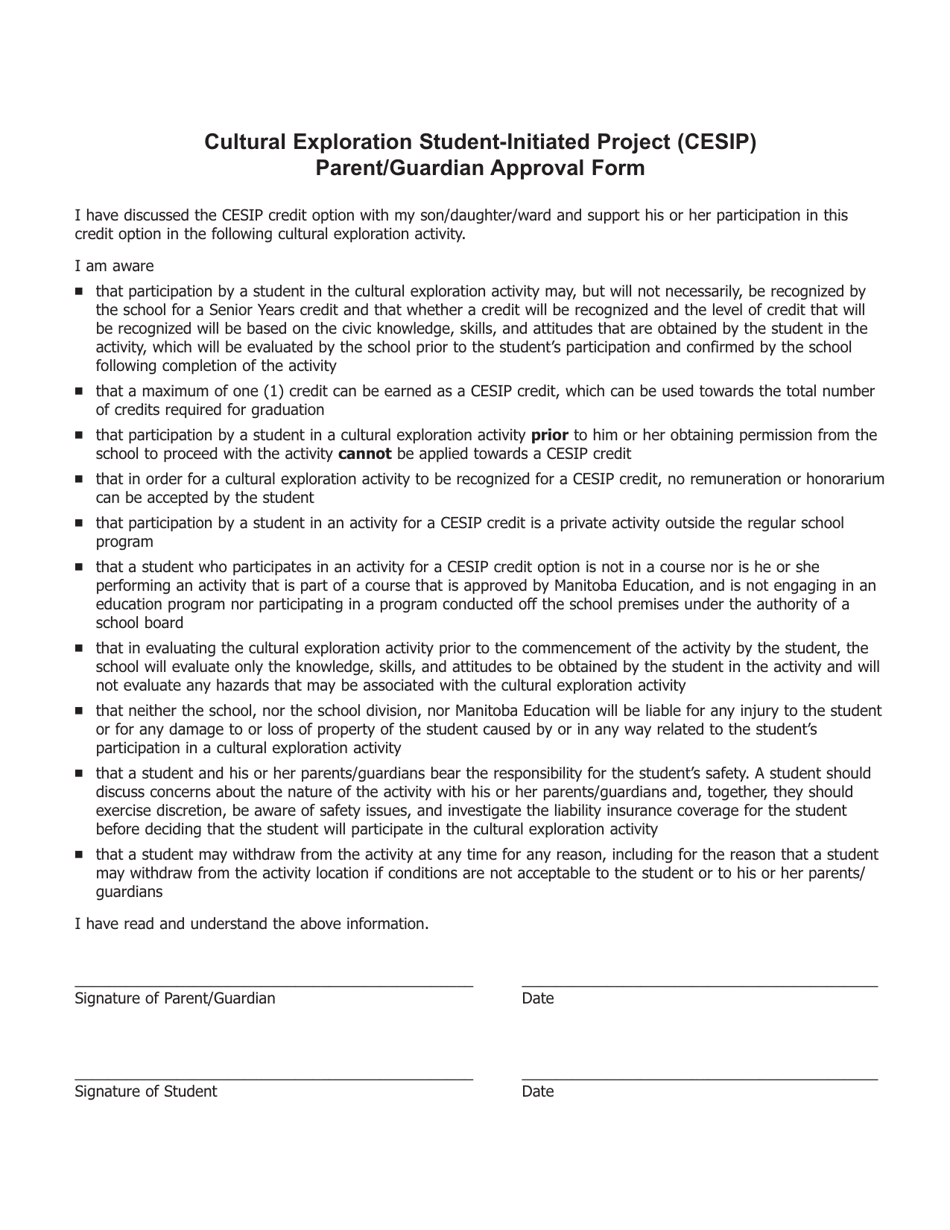 Cultural Exploration Student-Initiated Project (Cesip) Parent / Guardian Approval Form - Manitoba, Canada, Page 1