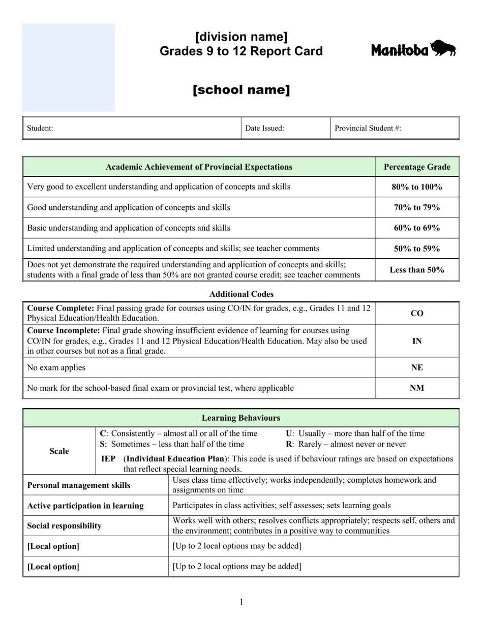 Grades 9 to 12 Report Card Template - Semestered - Manitoba, Canada, Page 1