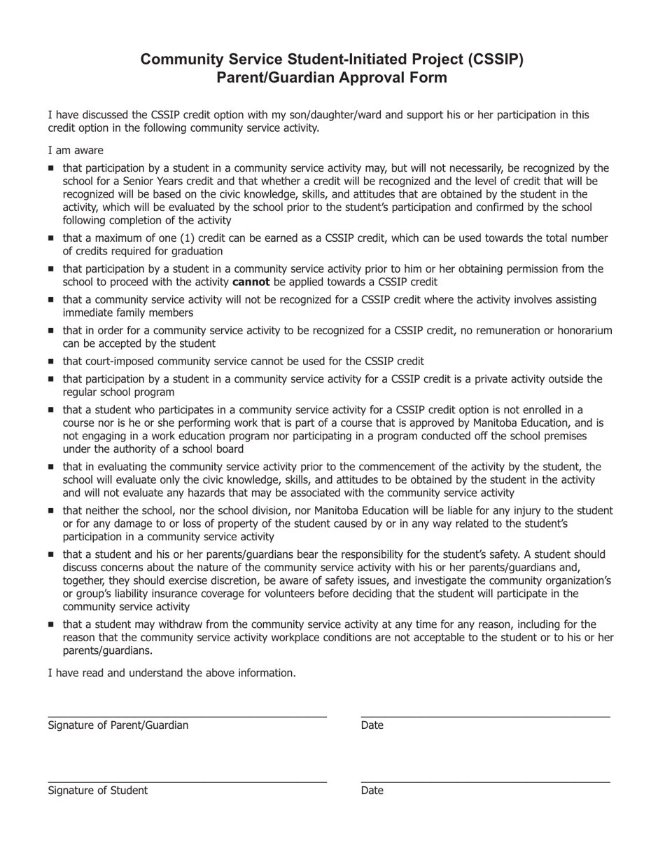 Community Service Student-Initiated Project (Cssip) Parent / Guardian Approval Form - Manitoba, Canada, Page 1