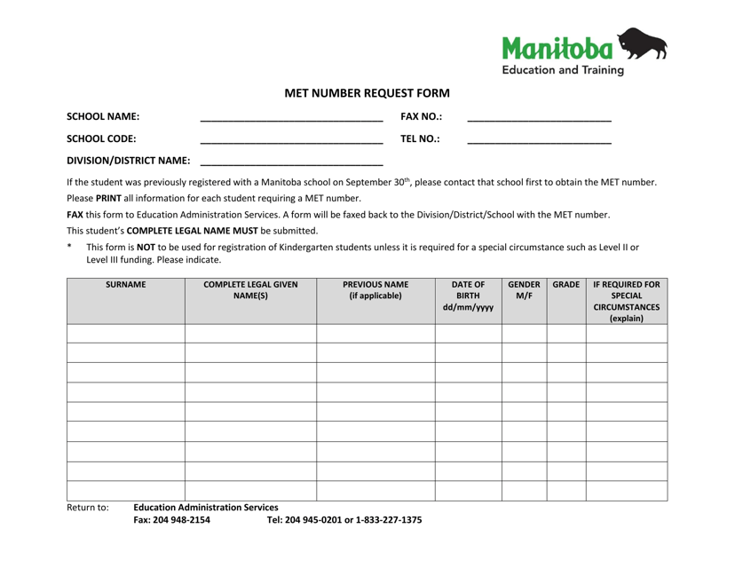 Met Number Request Form - Manitoba, Canada Download Pdf