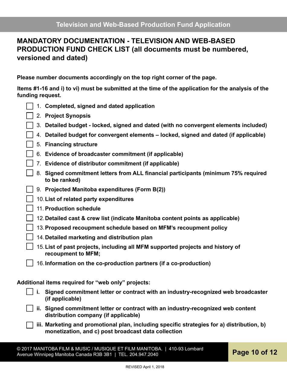 Television and Web-Based Production Fund Application - Manitoba, Canada, Page 10