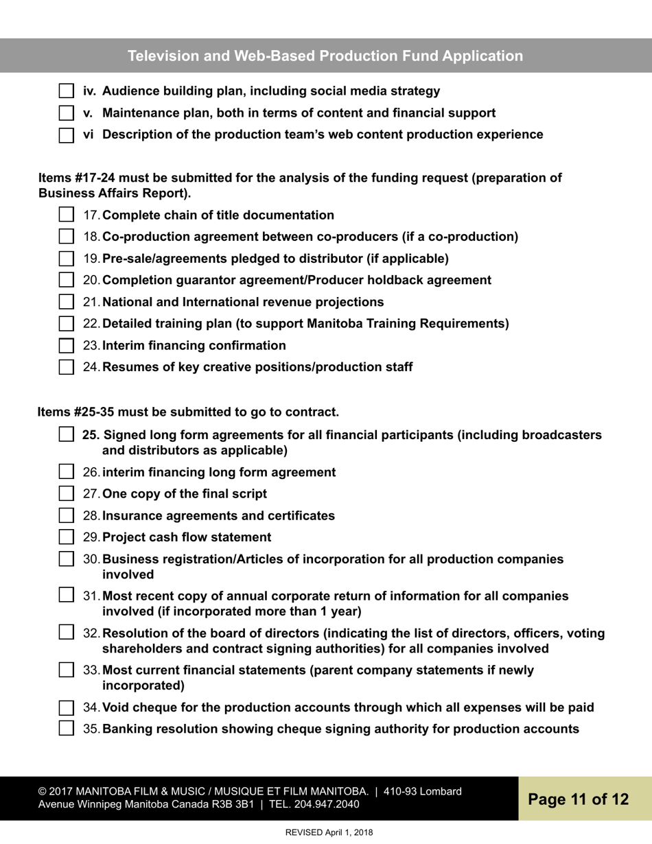 Television and Web-Based Production Fund Application - Manitoba, Canada, Page 11