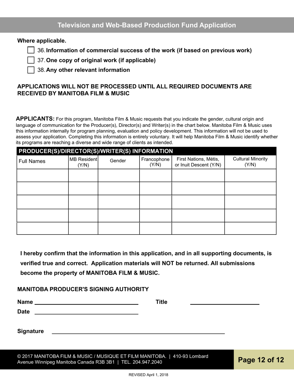 Television and Web-Based Production Fund Application - Manitoba, Canada, Page 12