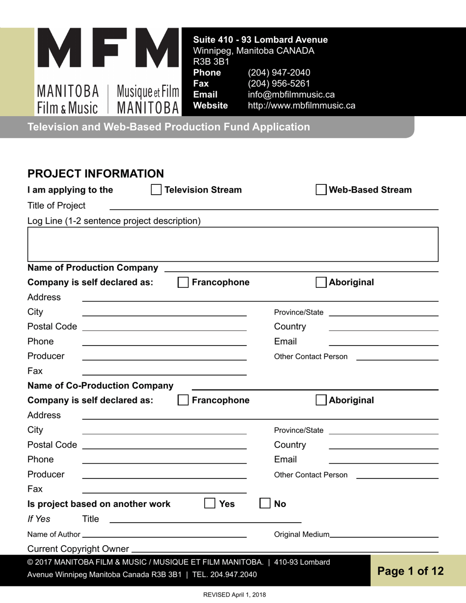 Television and Web-Based Production Fund Application - Manitoba, Canada, Page 1