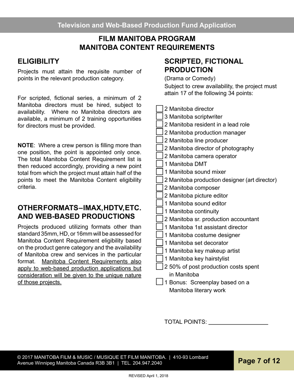 Television and Web-Based Production Fund Application - Manitoba, Canada, Page 7