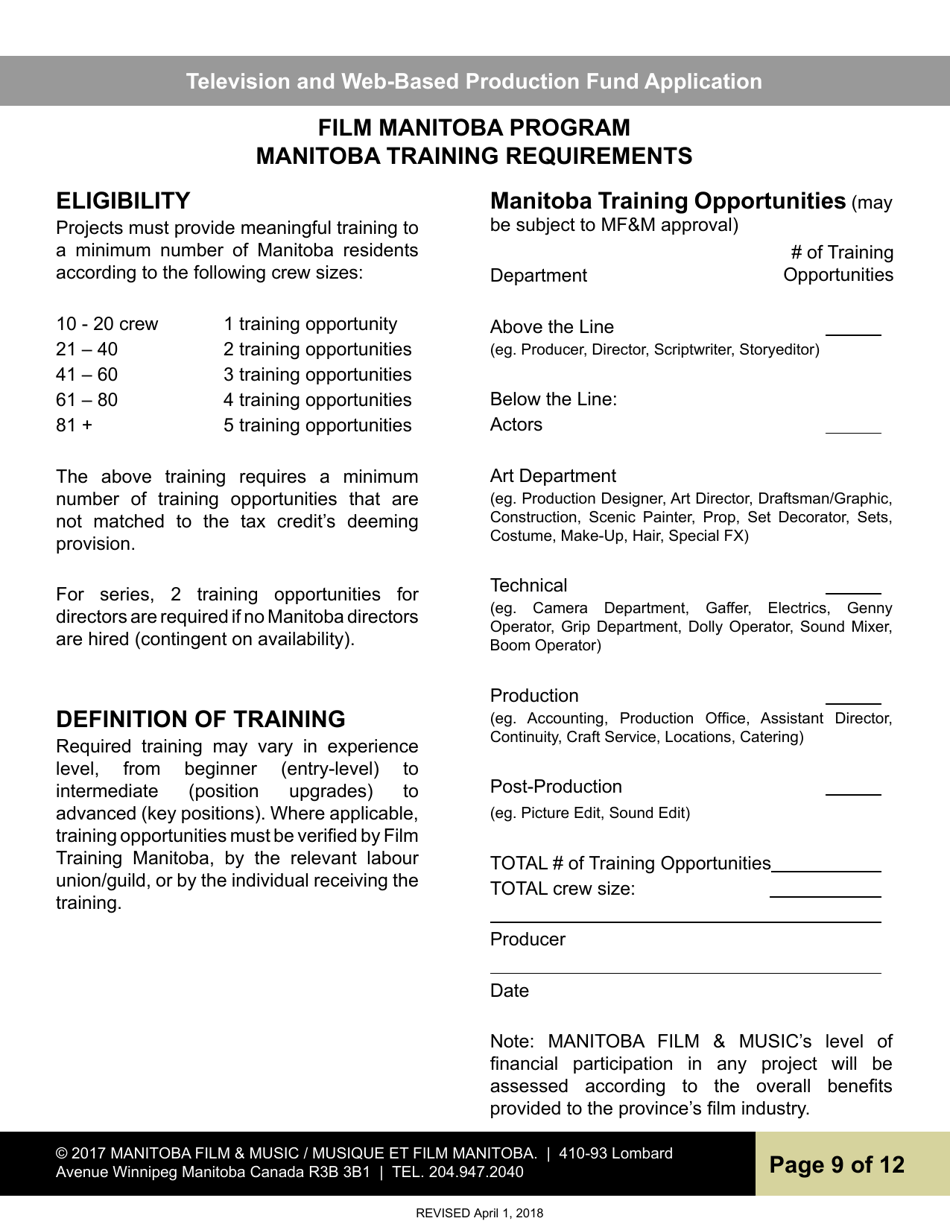 Television and Web-Based Production Fund Application - Manitoba, Canada, Page 9