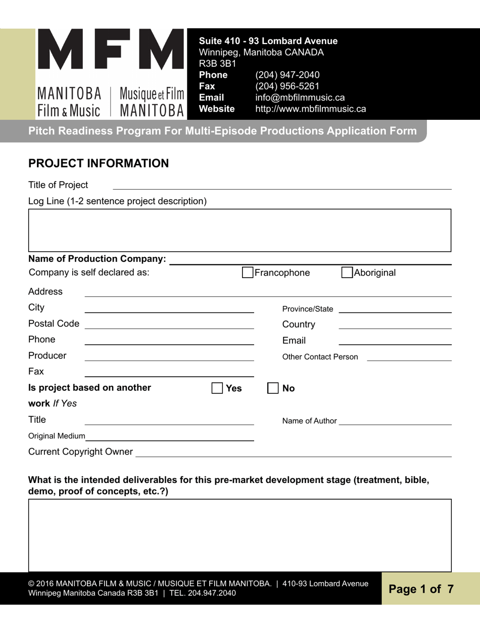 Pitch Readiness Program for Multi-Episode Productions Application Form - Manitoba, Canada, Page 1
