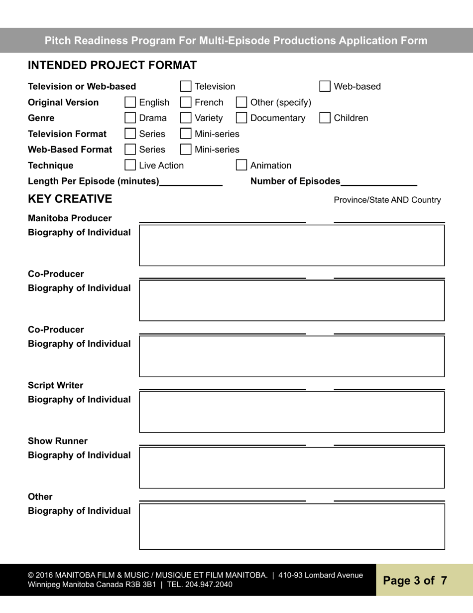 Pitch Readiness Program for Multi-Episode Productions Application Form - Manitoba, Canada, Page 3