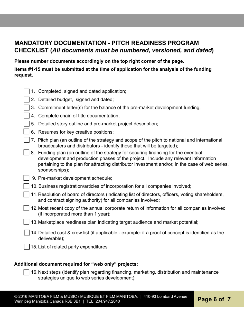 Pitch Readiness Program for Multi-Episode Productions Application Form - Manitoba, Canada, Page 6