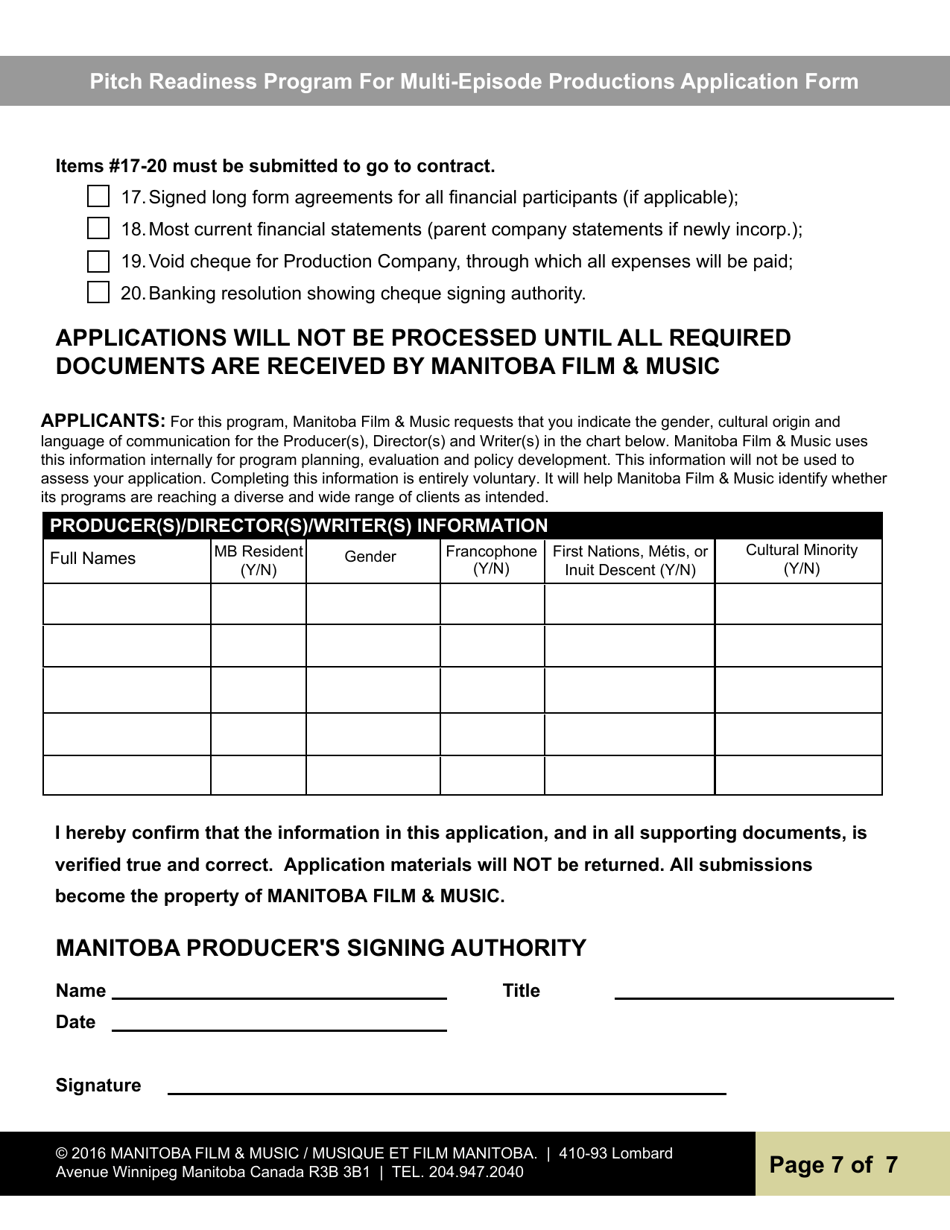 Pitch Readiness Program for Multi-Episode Productions Application Form - Manitoba, Canada, Page 7