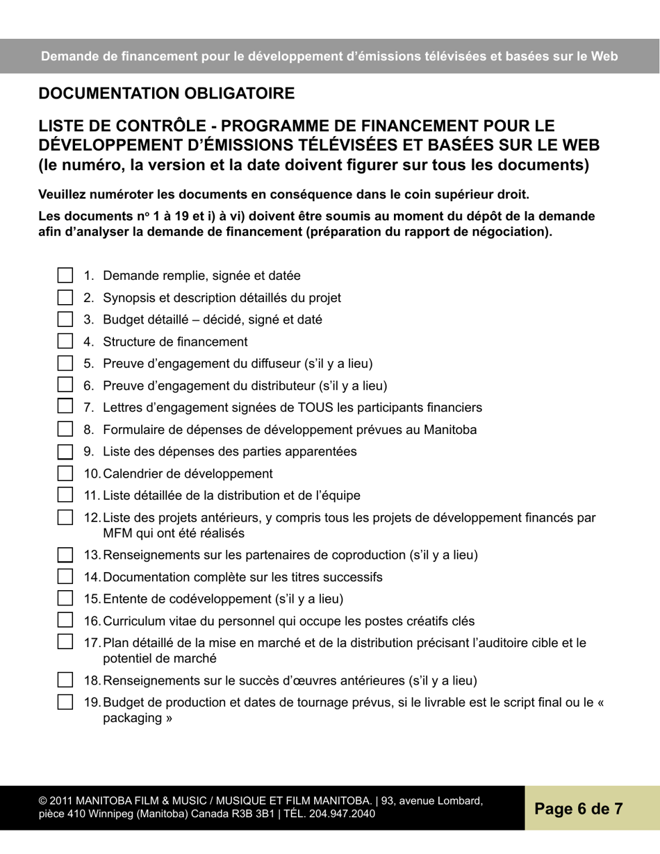 Demande De Financement Pour Le Developpement Demissions Televisees Et Basees Sur Le Web - Manitoba, Canada (French), Page 6