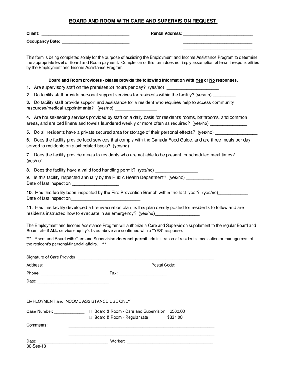 Board and Room With Care and Supervision Request - Manitoba, Canada, Page 1