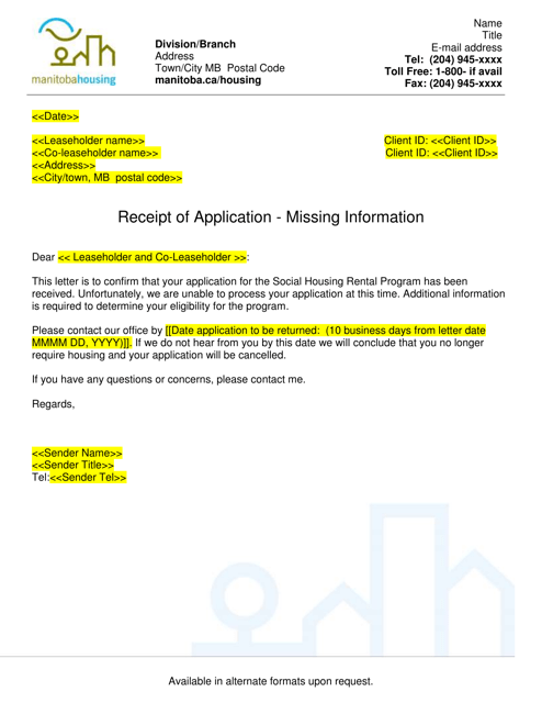 Receipt of Application - Missing Information - Manitoba, Canada Download Pdf