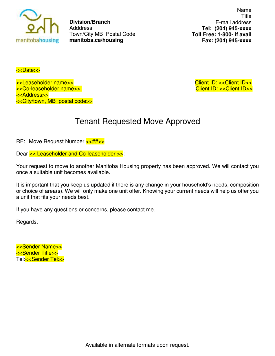 Tenant Requested Move Approved Letter - Manitoba, Canada, Page 1