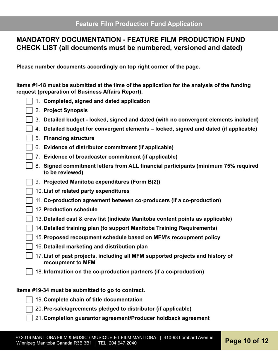 Feature Film Production Fund Application - Manitoba, Canada, Page 10