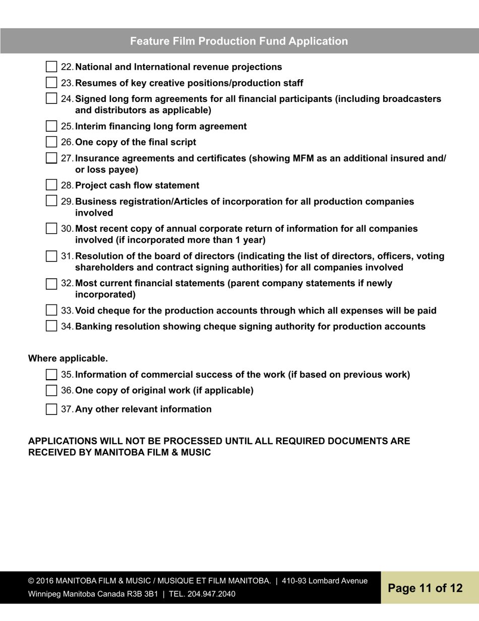 Feature Film Production Fund Application - Manitoba, Canada, Page 11