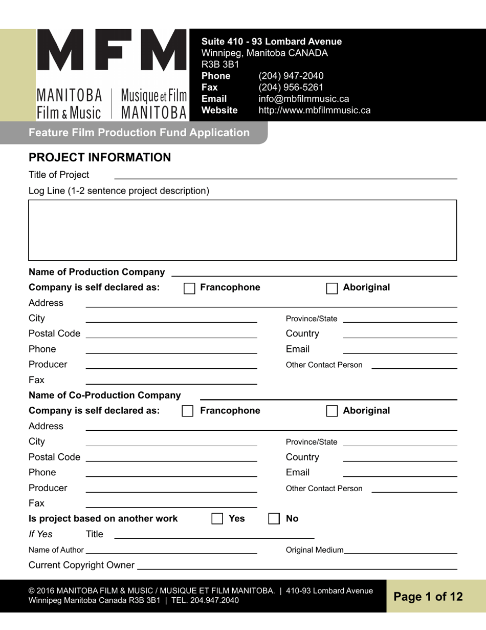 Feature Film Production Fund Application - Manitoba, Canada, Page 1