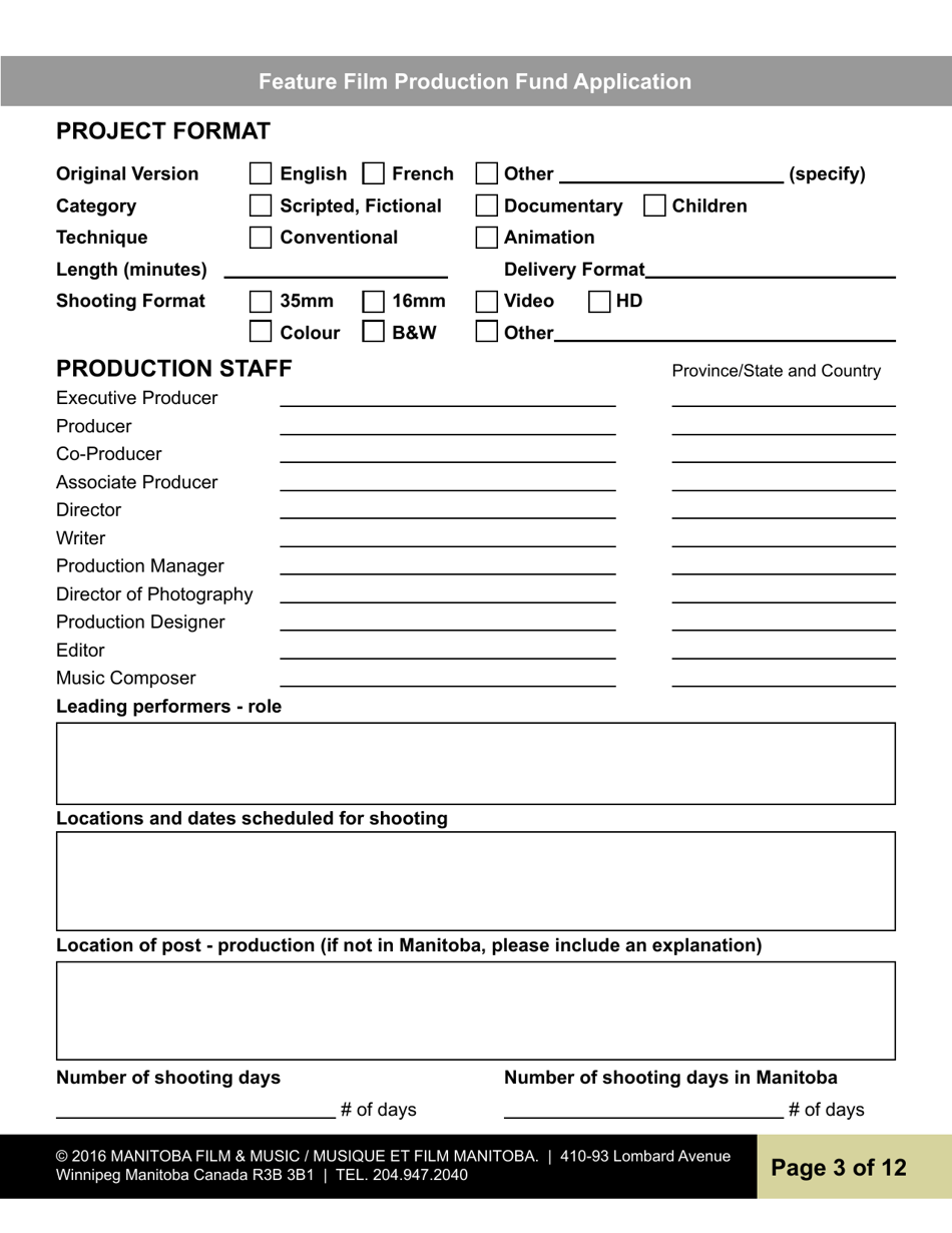 Feature Film Production Fund Application - Manitoba, Canada, Page 3