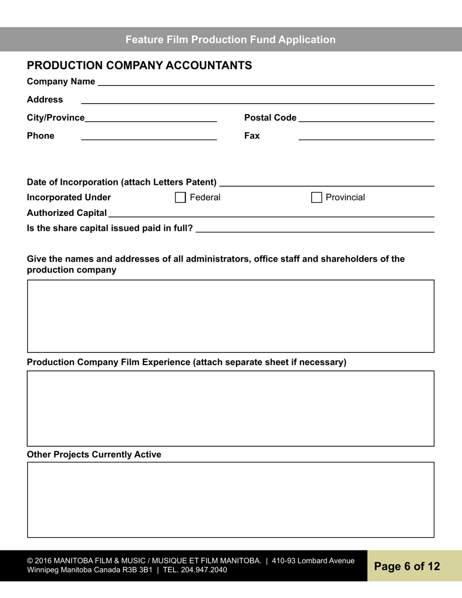 Feature Film Production Fund Application - Manitoba, Canada, Page 6