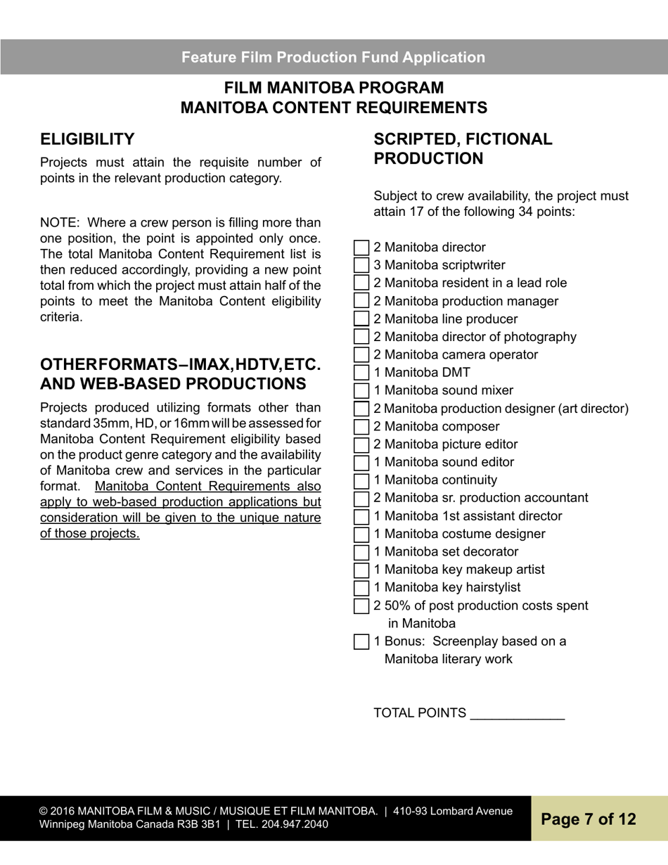 Feature Film Production Fund Application - Manitoba, Canada, Page 7