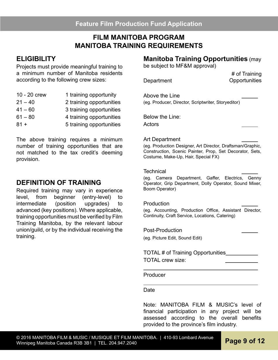 Feature Film Production Fund Application - Manitoba, Canada, Page 9