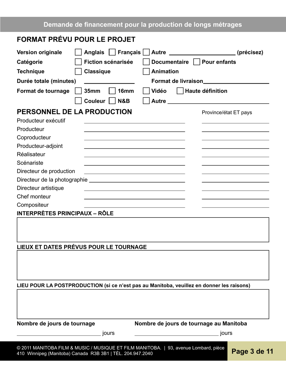 Demande De Financement Pour La Production De Longs Metrages - Manitoba, Canada (French), Page 3