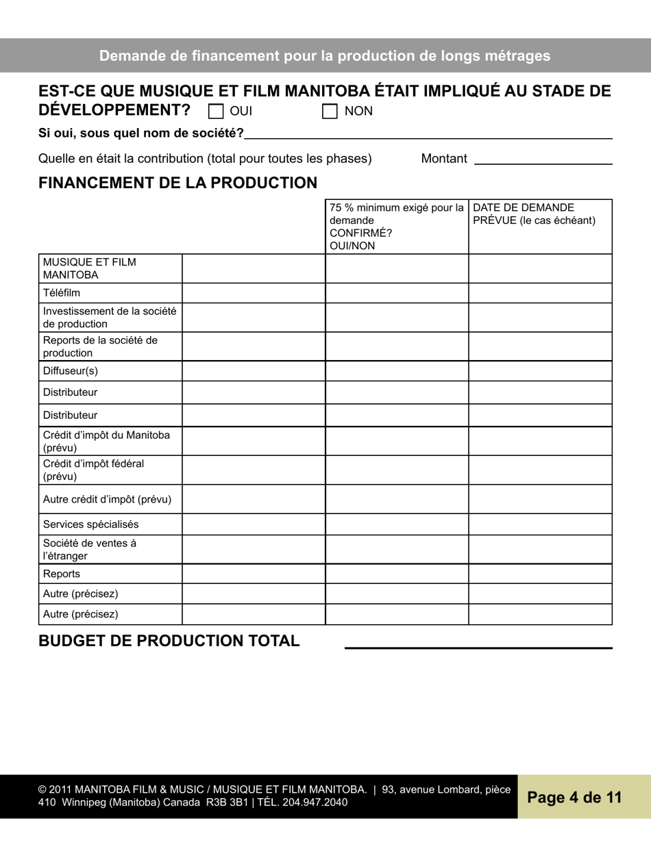 Demande De Financement Pour La Production De Longs Metrages - Manitoba, Canada (French), Page 4