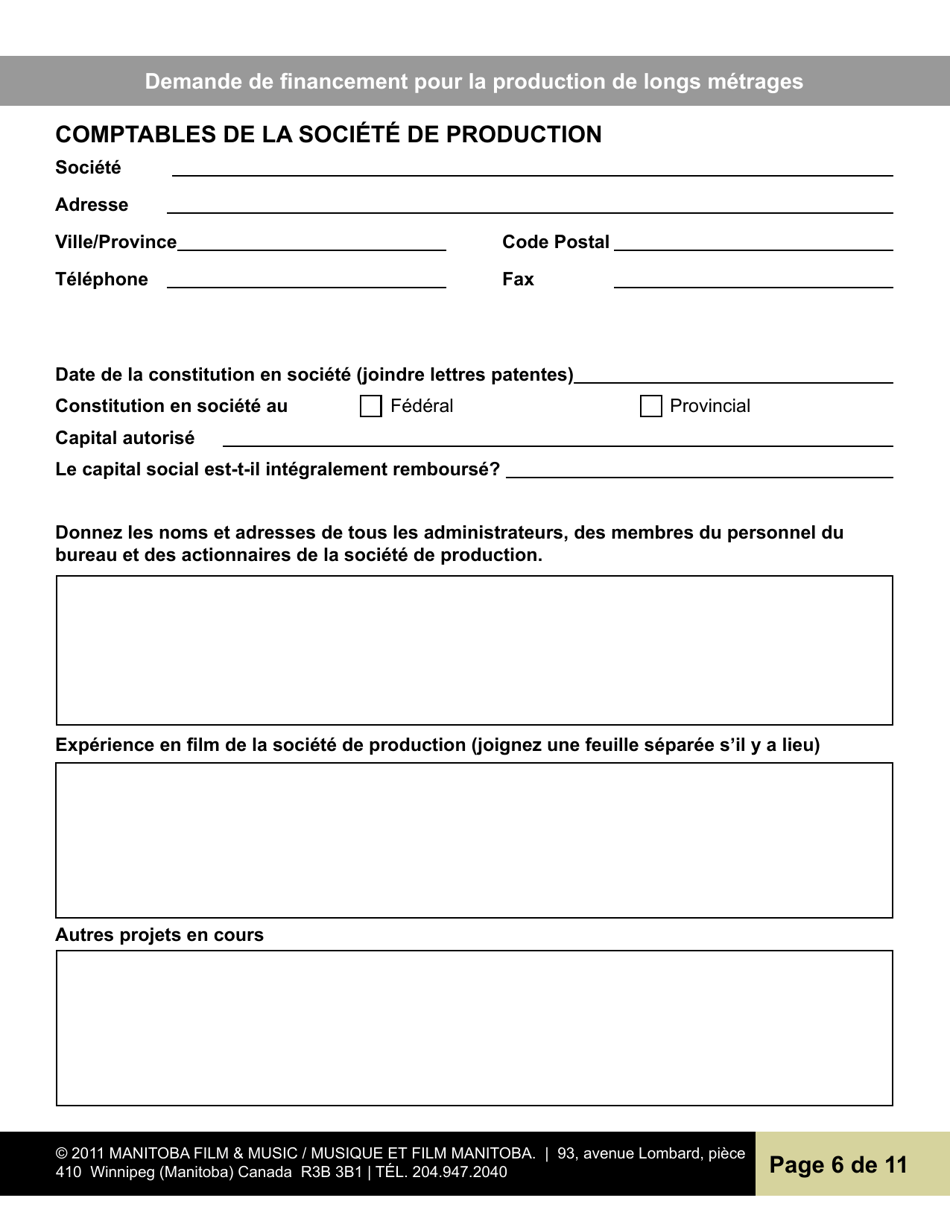 Demande De Financement Pour La Production De Longs Metrages - Manitoba, Canada (French), Page 6