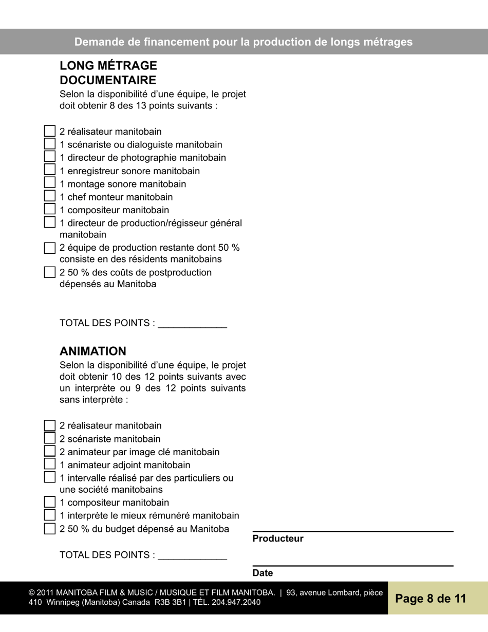 Demande De Financement Pour La Production De Longs Metrages - Manitoba, Canada (French), Page 8