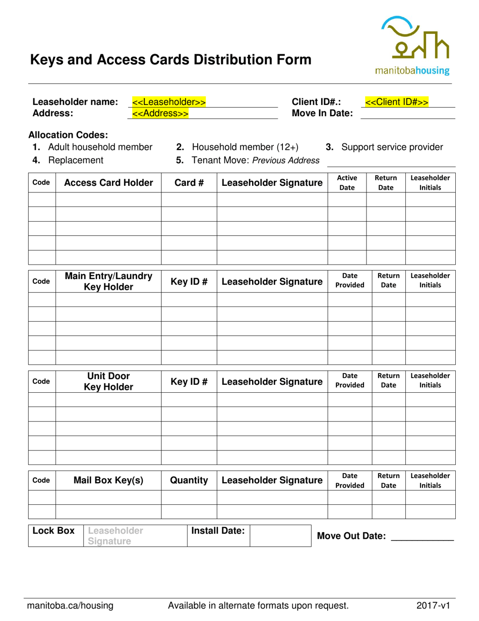 Keys and Access Cards Distribution Form - Manitoba, Canada, Page 1