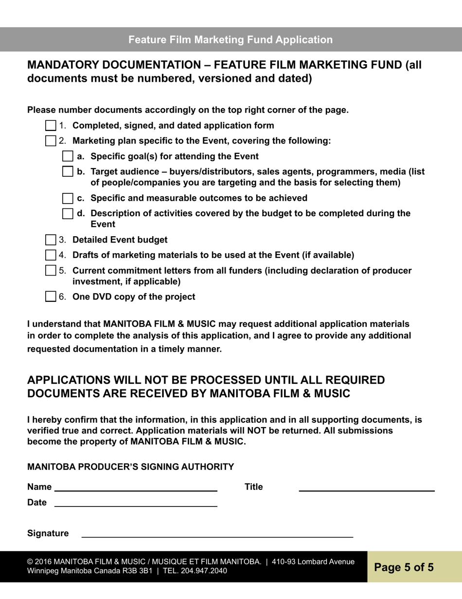 Feature Film Marketing Fund Application - Manitoba, Canada, Page 5