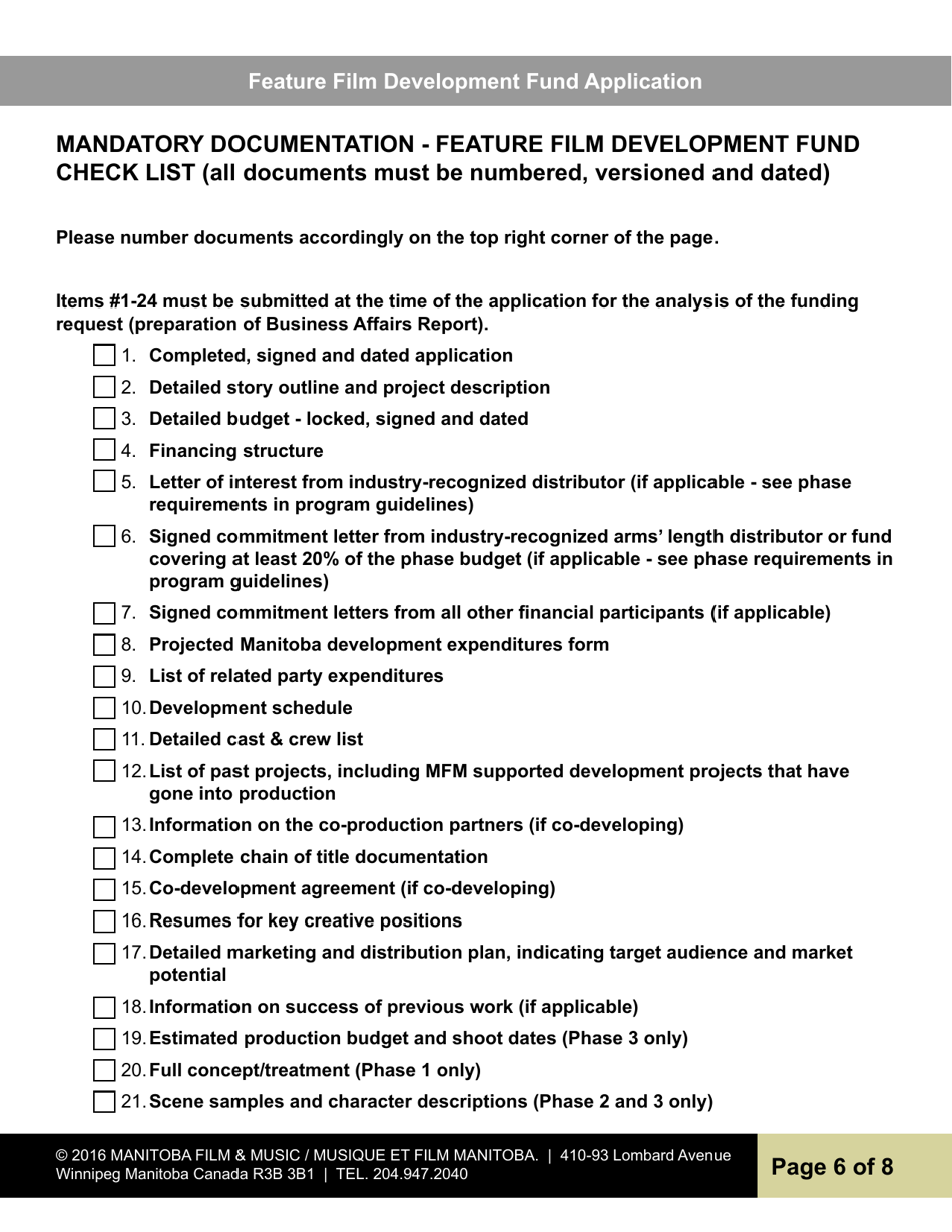 Feature Film Development Fund Application - Manitoba, Canada, Page 6