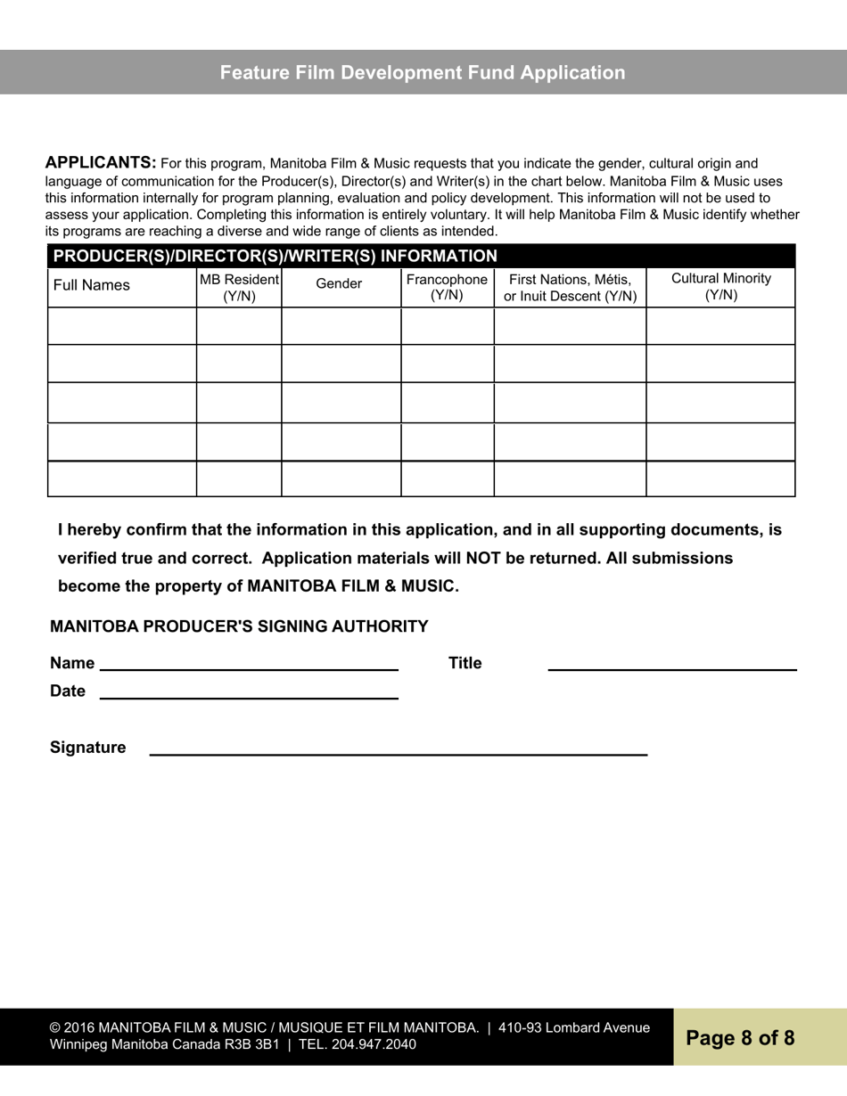 Feature Film Development Fund Application - Manitoba, Canada, Page 8