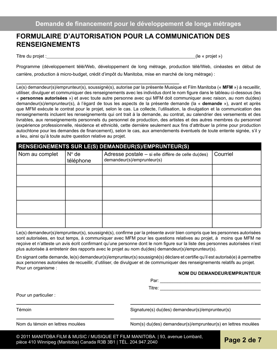 Demande De Financement Pour Le Developpement De Longs Metrages - Manitoba, Canada (French), Page 2