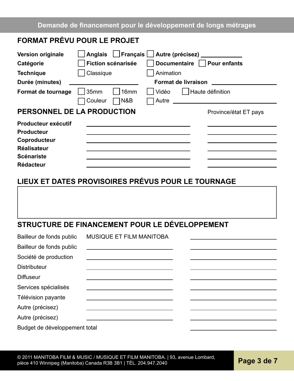 Demande De Financement Pour Le Developpement De Longs Metrages - Manitoba, Canada (French), Page 3