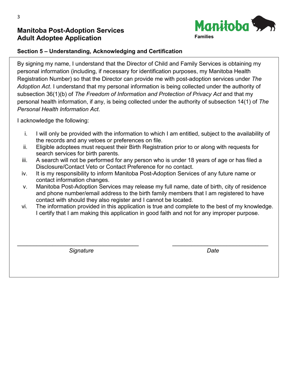 Manitoba Post-adoption Services Adult Adoptee Application - Manitoba, Canada, Page 3