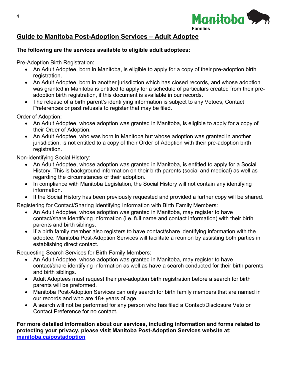 Manitoba Post-adoption Services Adult Adoptee Application - Manitoba, Canada, Page 4