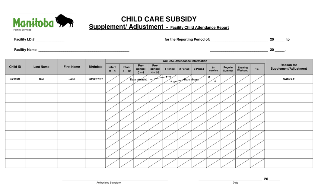 Child Care Subsidy Supplement / Adjustment - Facility Child Attendance Report - Manitoba, Canada Download Pdf