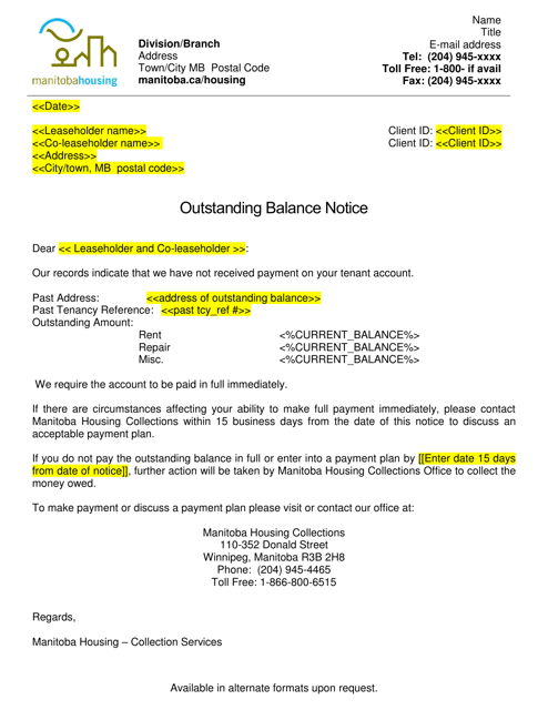 Outstanding Balance Notice Letter - Manitoba, Canada Download Pdf