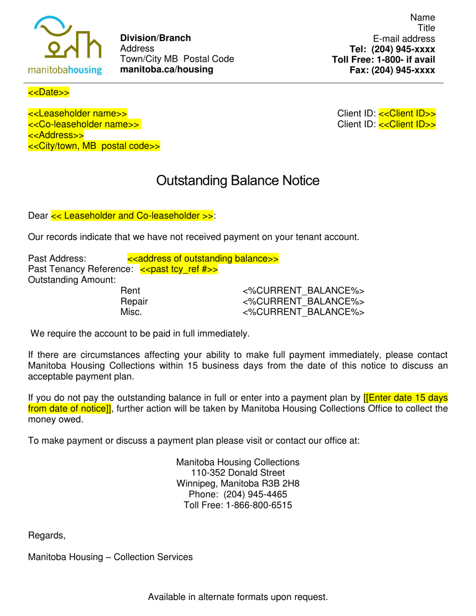 Manitoba Canada Outstanding Balance Notice Letter Fill Out, Sign