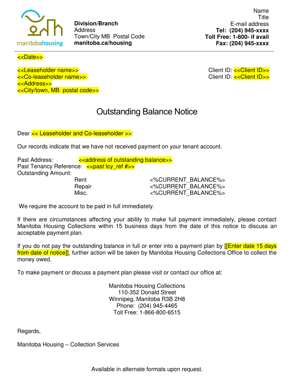 Outstanding Balance Notice Letter - Manitoba, Canada, Page 1